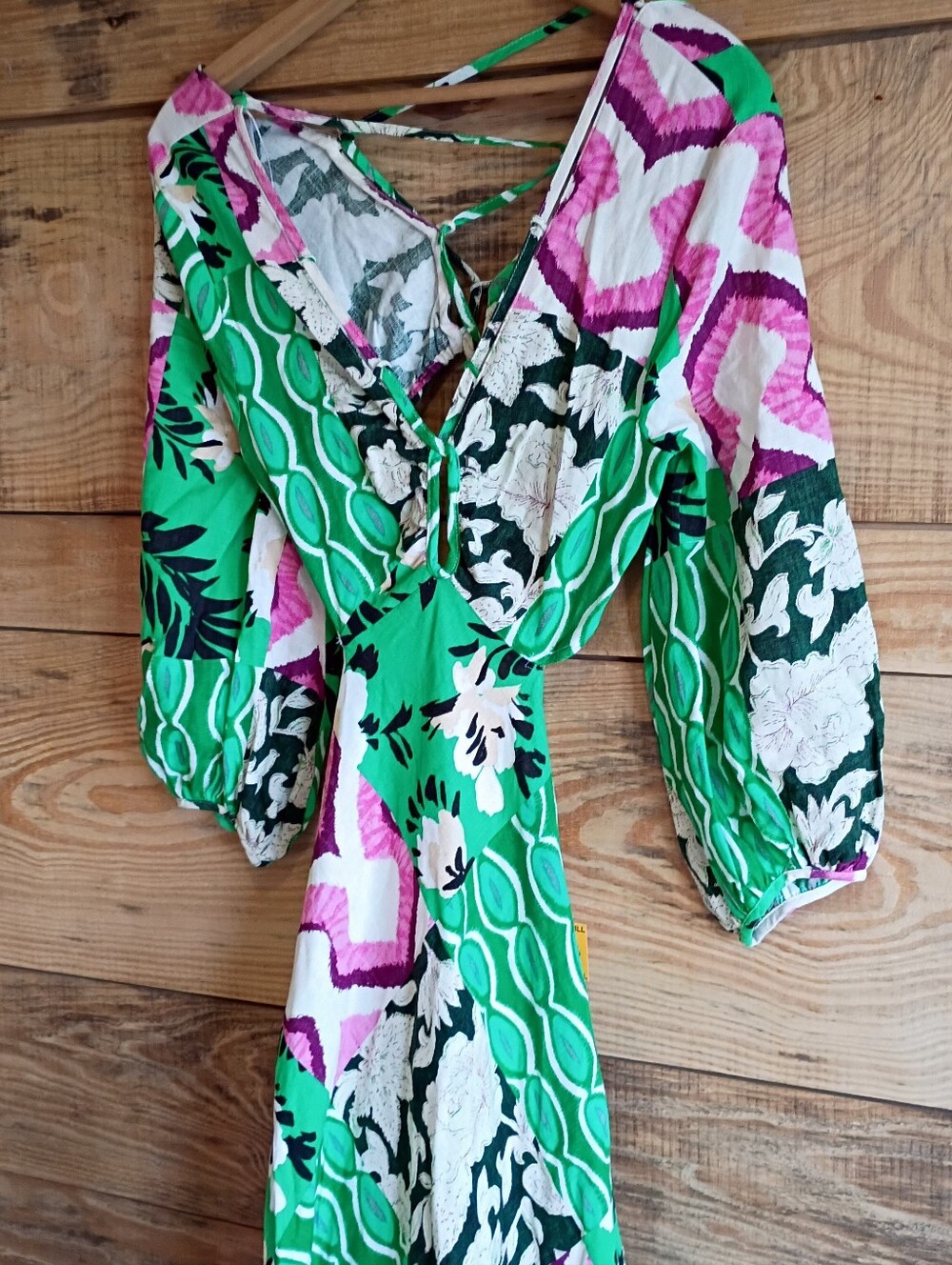 Zara Green Floral & Pink Tropical Linen Maxi Dress Resort Summer Vacation - Picture 6 of 8